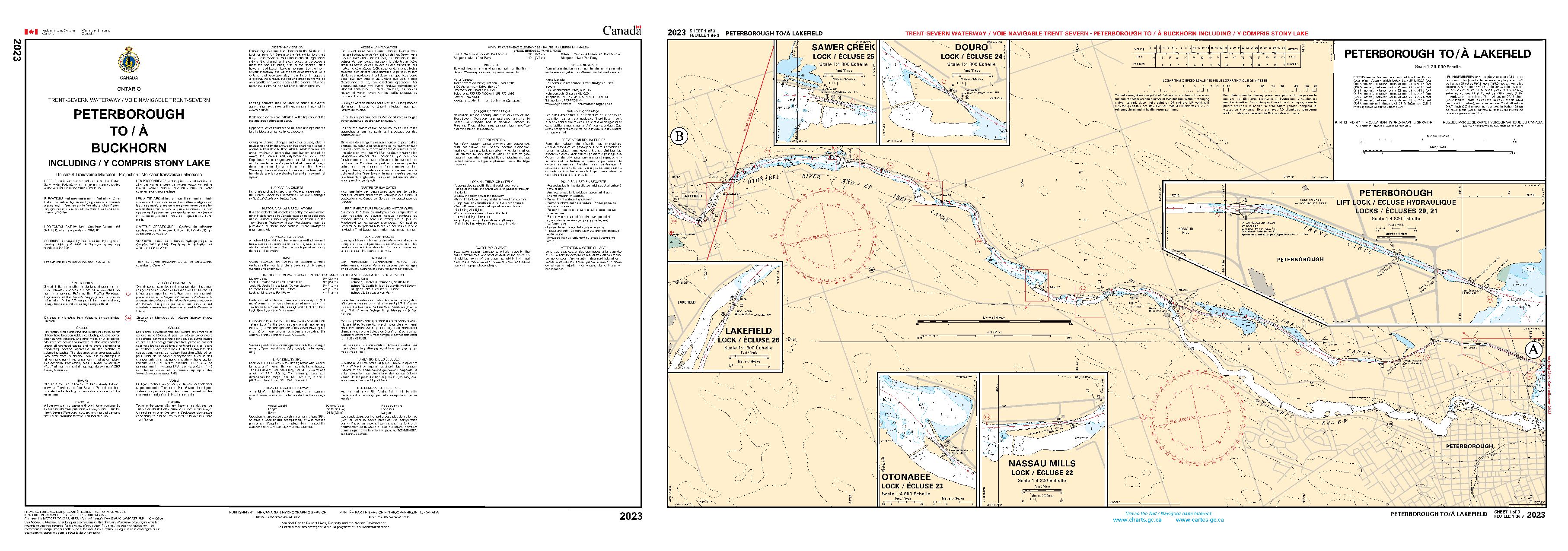 Peterborough to/à Buckhorn including/y compris Stony Lake - 3 SHEETS | CHS Chart 2023