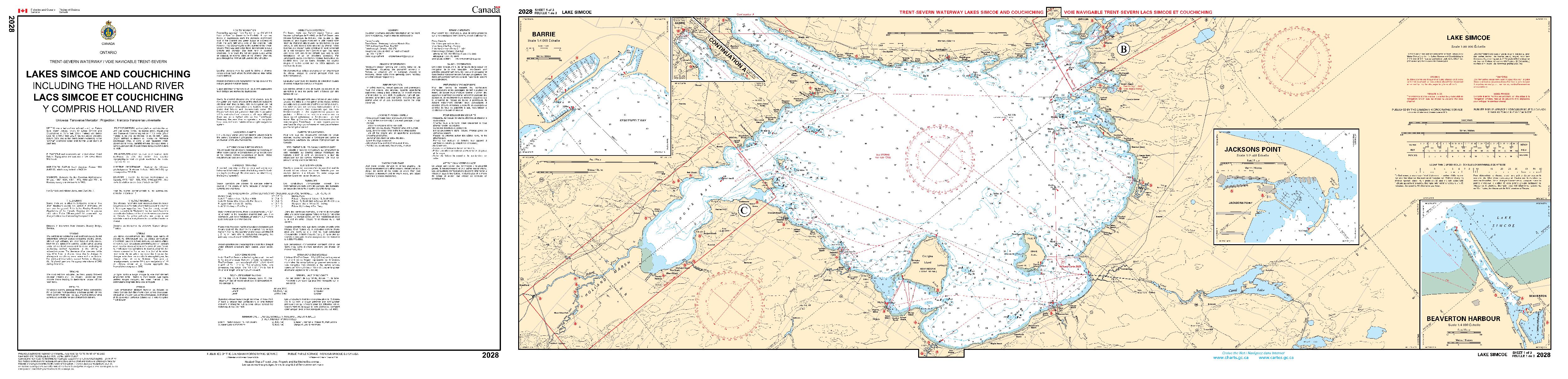Lakes Simcoe and Couchiching including the Holland River/Lacs Simcoe et Couchiching y compris Holland River - 3 FEUILLES | Carte SHC 2028