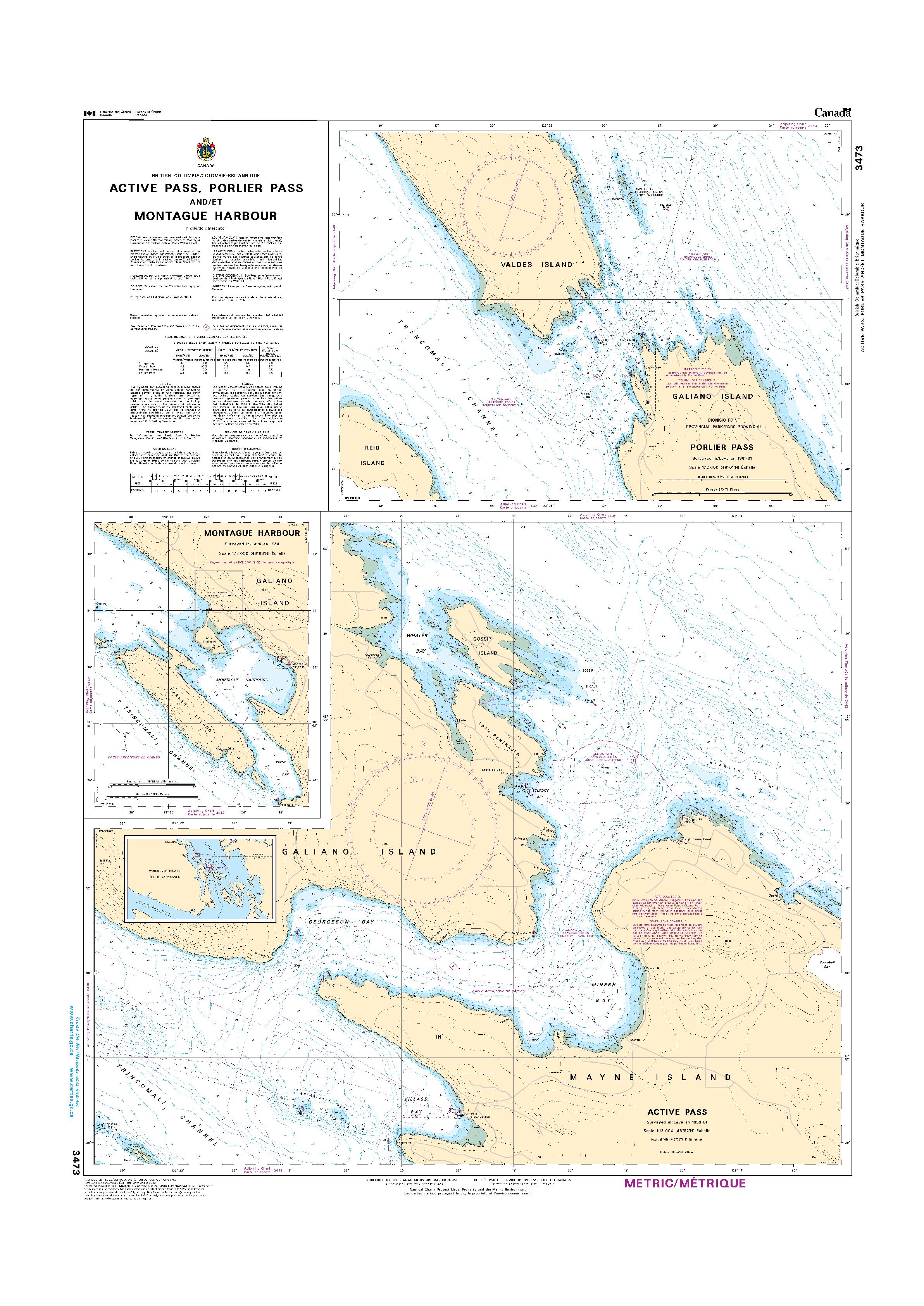 Active Pass, Porlier Pass and/et Montague Harbour | Carte SHC 3473