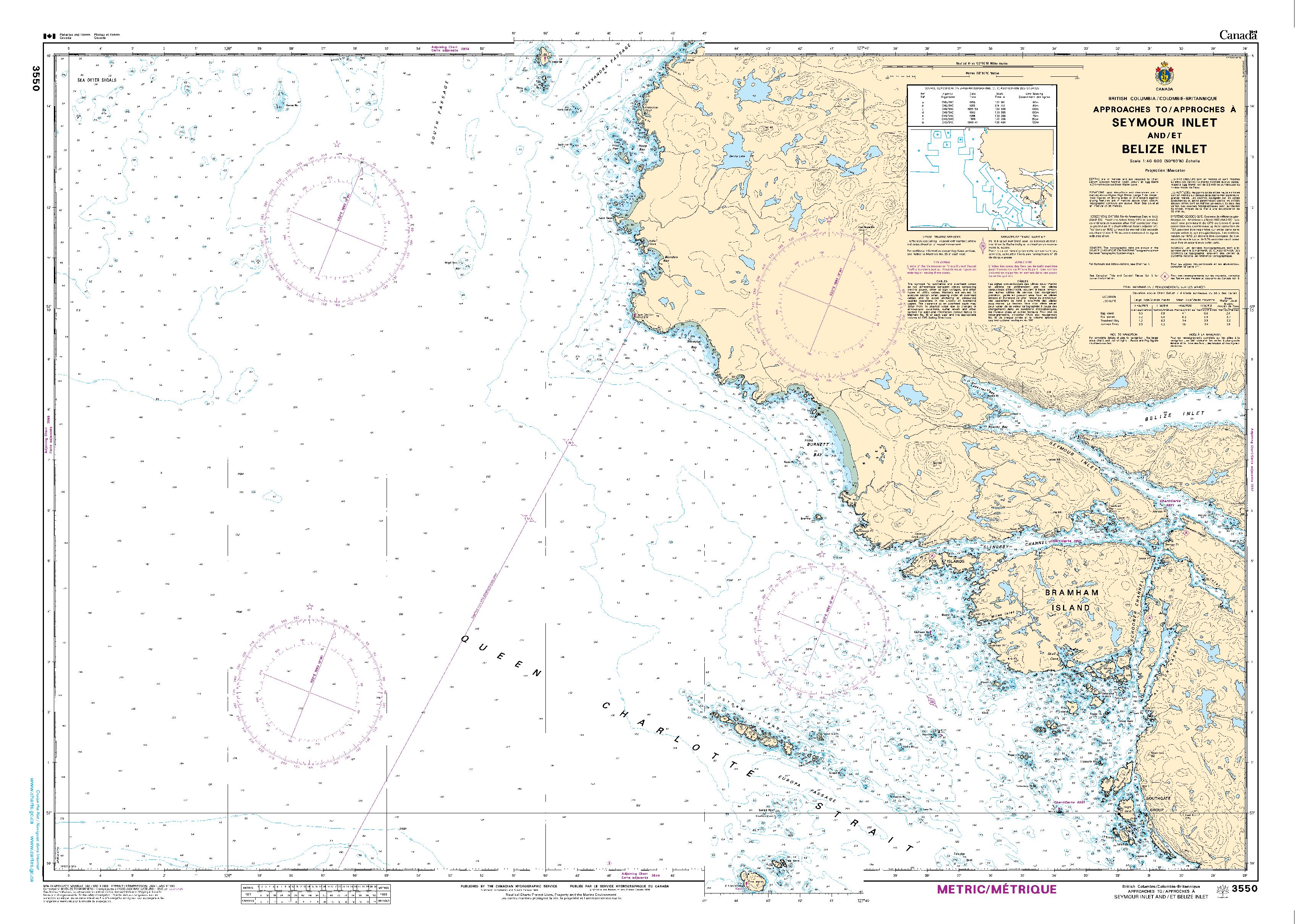 Approaches to/Approches à Seymour Inlet and/et Belize Inlet | Carte SHC 3550