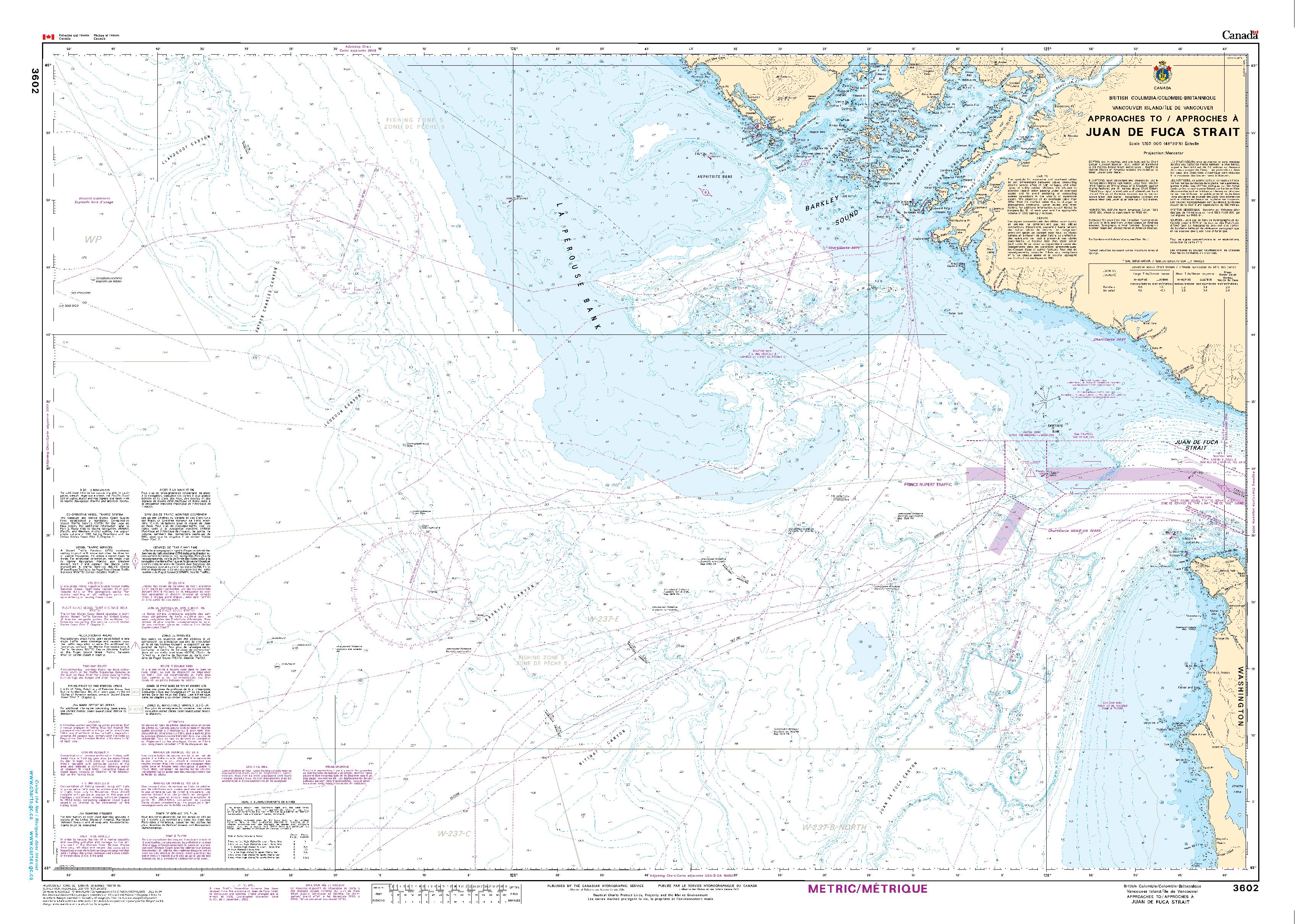 Approaches to/Approches à Juan de Fuca Strait | Carte SHC 3602