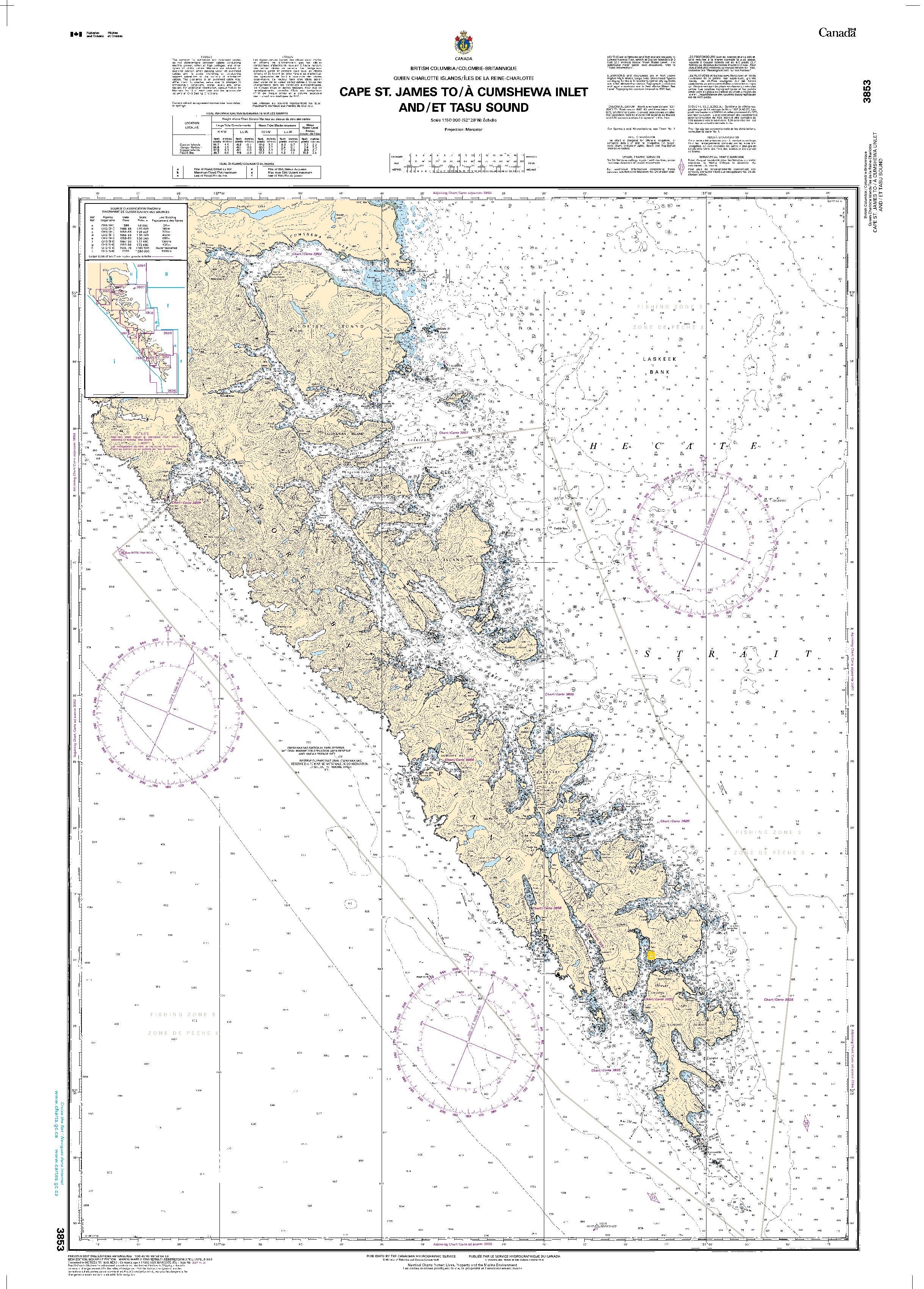 Cape St. James to/à Cumshewa Inlet and/et Tasu Sound | Carte SHC 3853