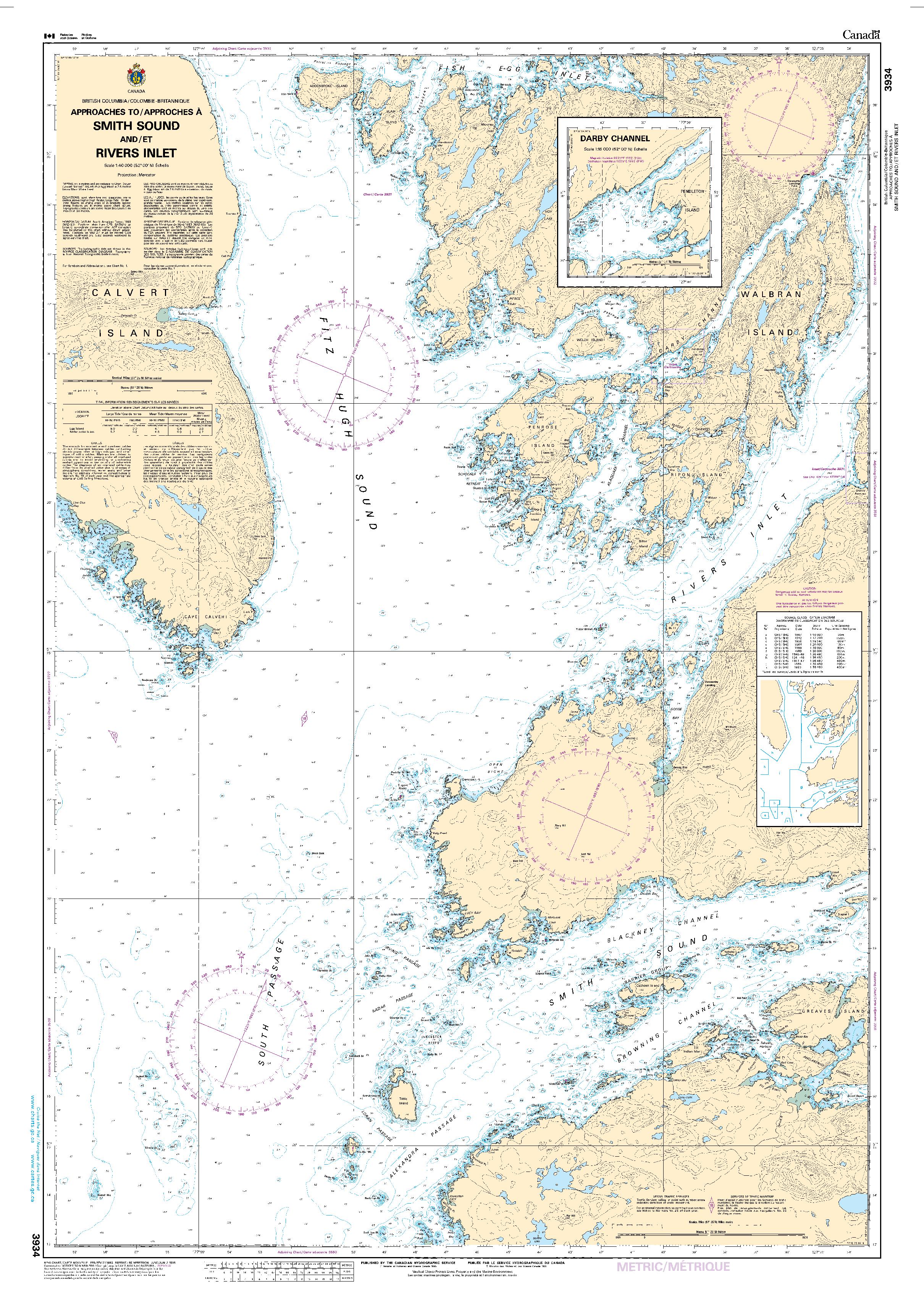 Approaches to/Approches à Smith Sound and/et Rivers Inlet | CHS Chart 3934
