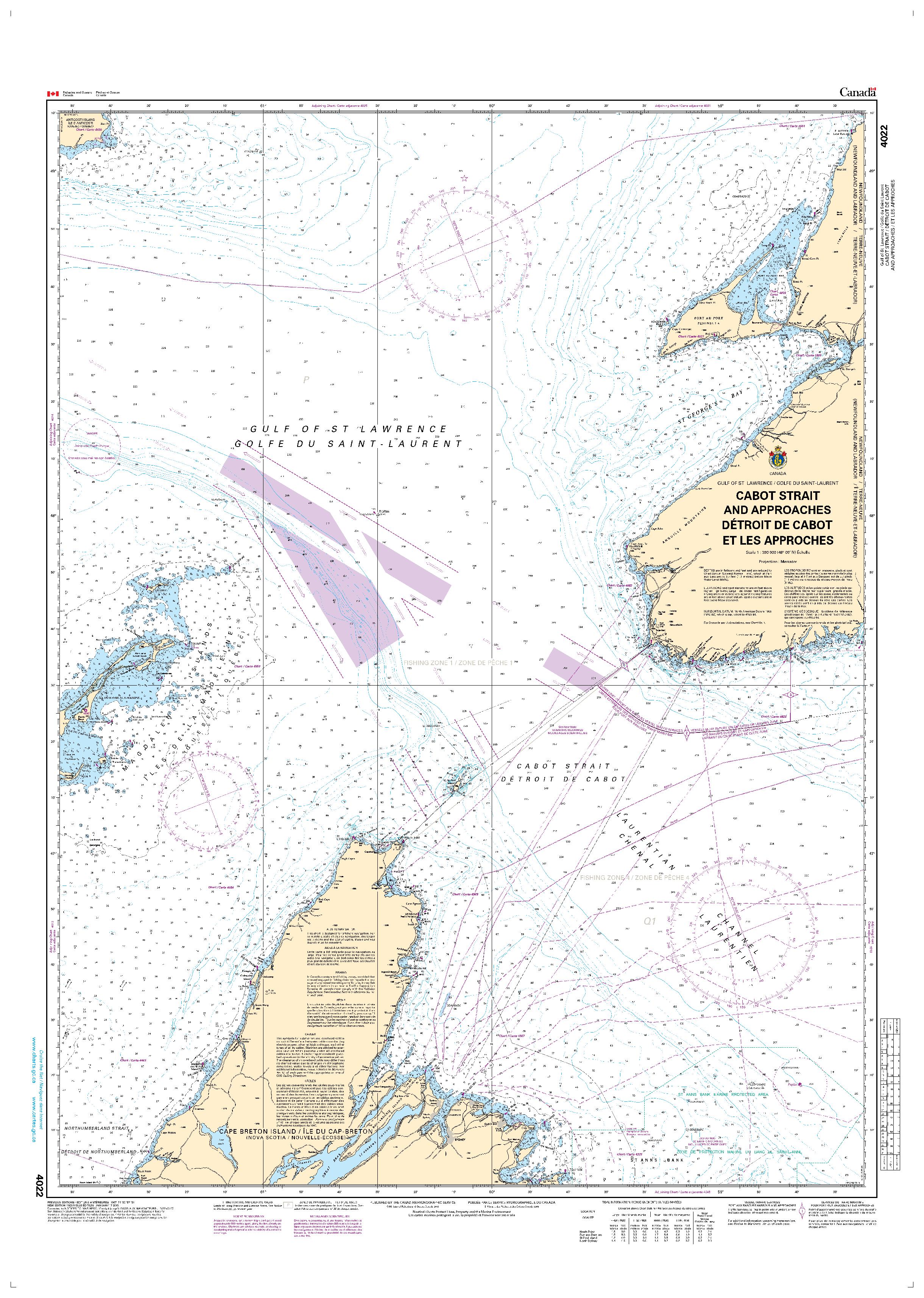 Cabot Strait and approaches / Détroit de Cabot et les approches, Scatarie Island to/à Anticosti Island / Île D'Anticosti | Carte SHC 4022