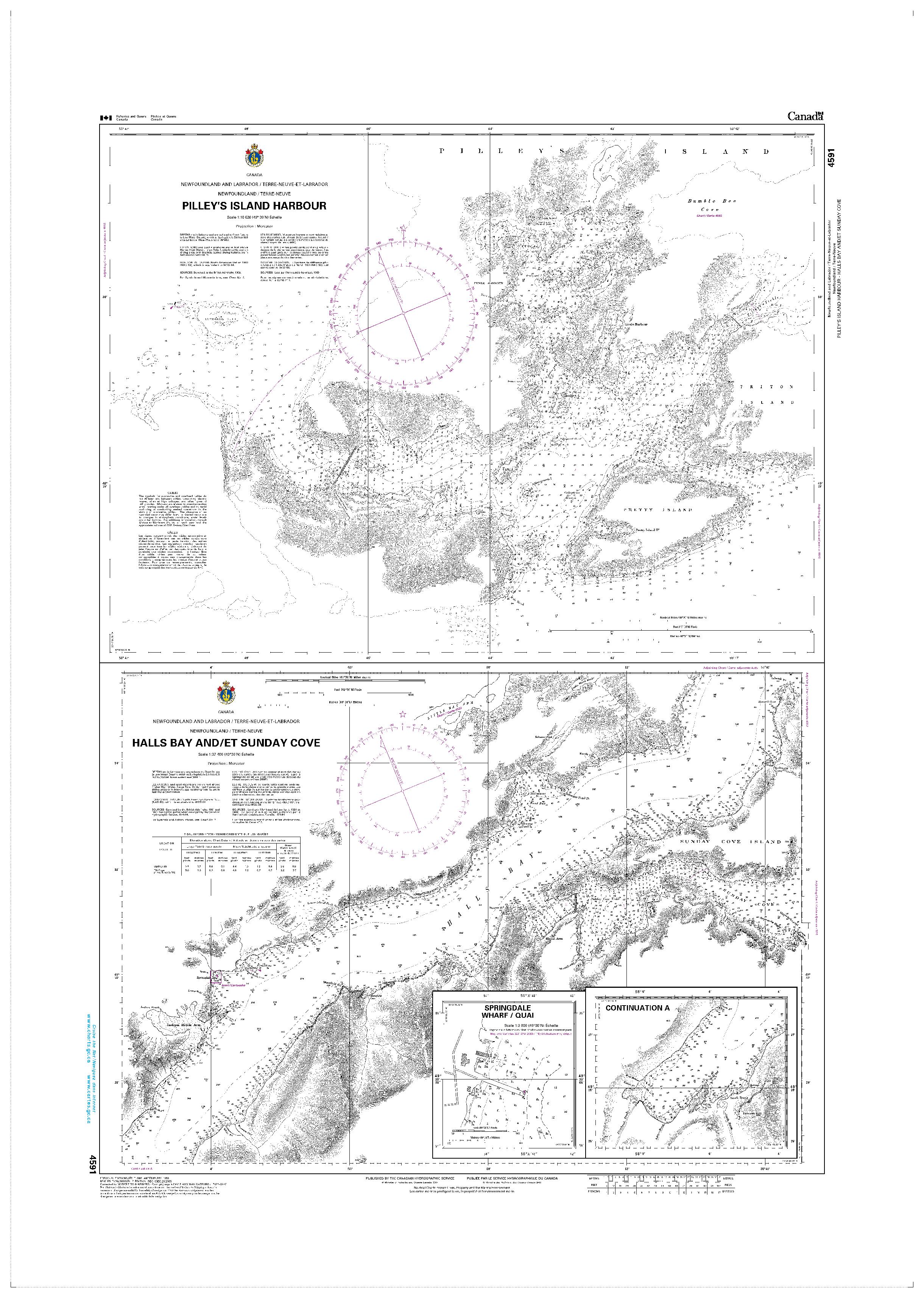 Pilley's Island Harbour - Halls Bay and / et Sunday Cove | CHS Chart 4591