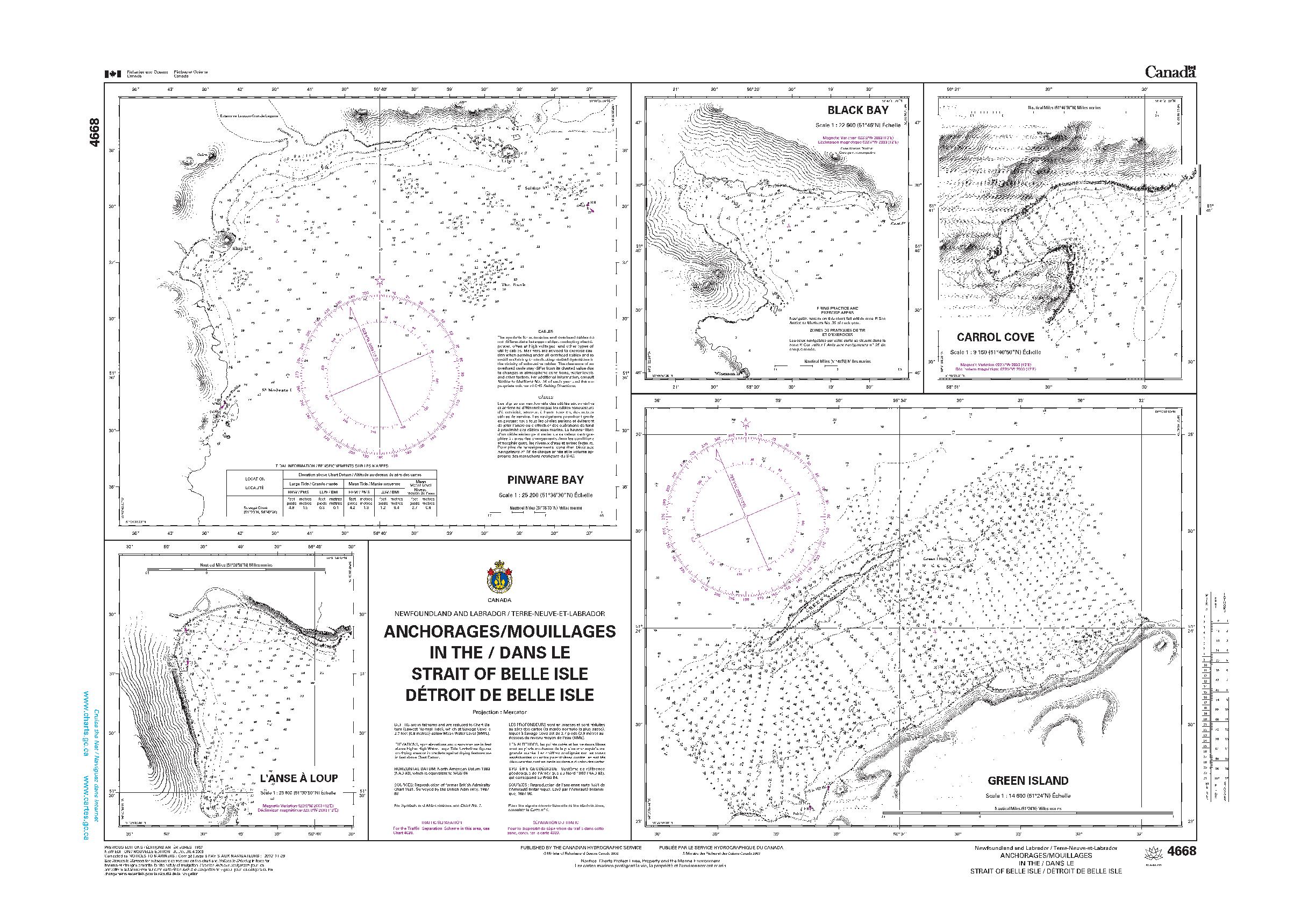 Anchorages / Mouillages in the / dans le Strait of Belle Isle / Détroit de Belle Isle | CHS Chart 4668