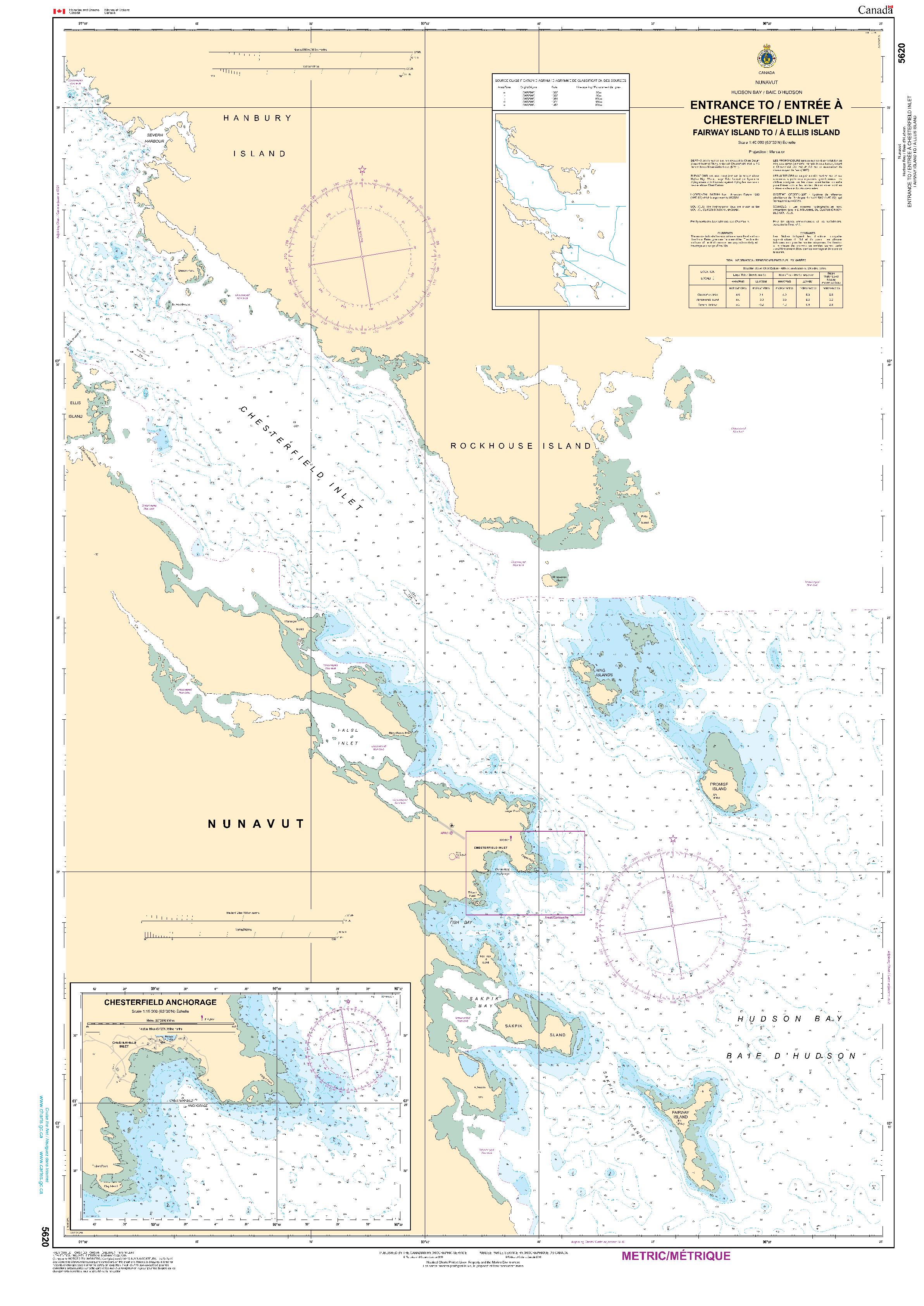 Entrance to/Entrée à Chesterfield Inlet (Fairway Island to/à Ellis Island) | CHS Chart 5620