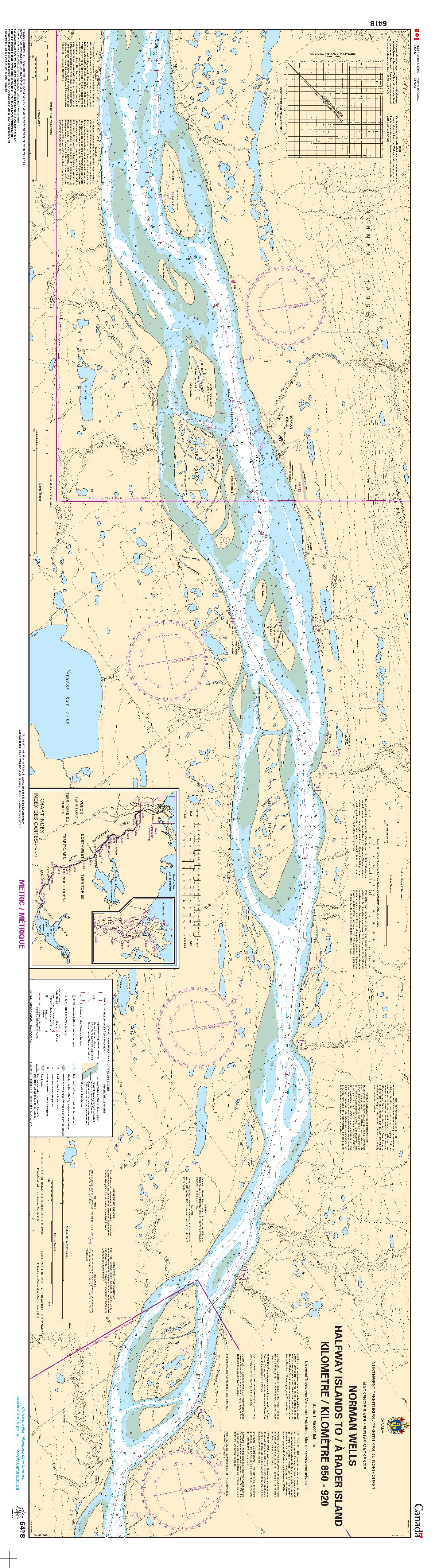Norman Wells, Halfway Islands to/à Rader Island Kilometre 850 / Kilomètre 920 | CHS Chart 6418