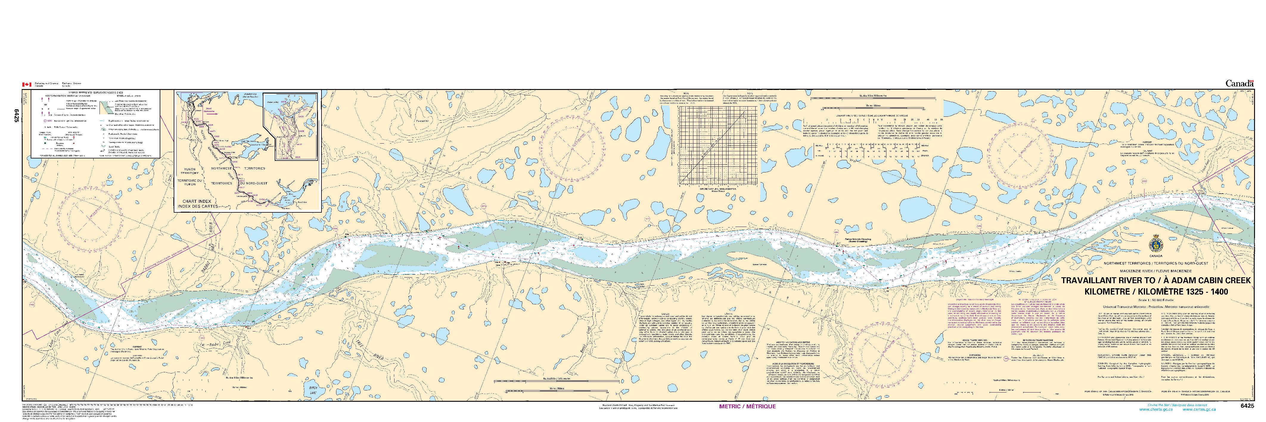 Travaillant River to/à Adam Cabin Creek Kilometre 1325 / Kilomètre 1400 | CHS Chart 6425