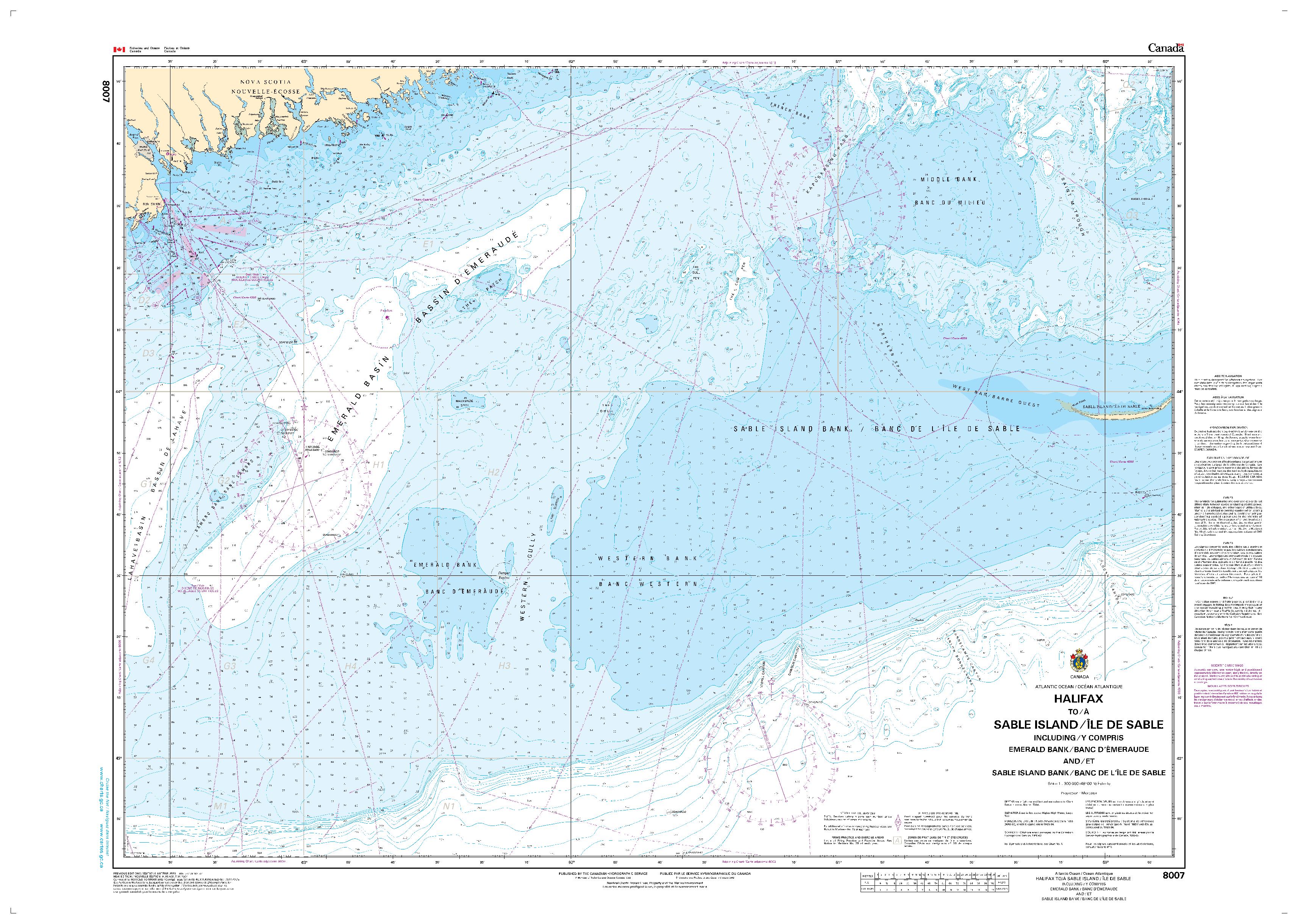 Halifax to / à Sable Island / Île de Sable, Including / y compris Emerald Bank / Banc d'Émeraude and / et Sable Island Bank / Banc de l'Île de Sable | CHS Chart 8007