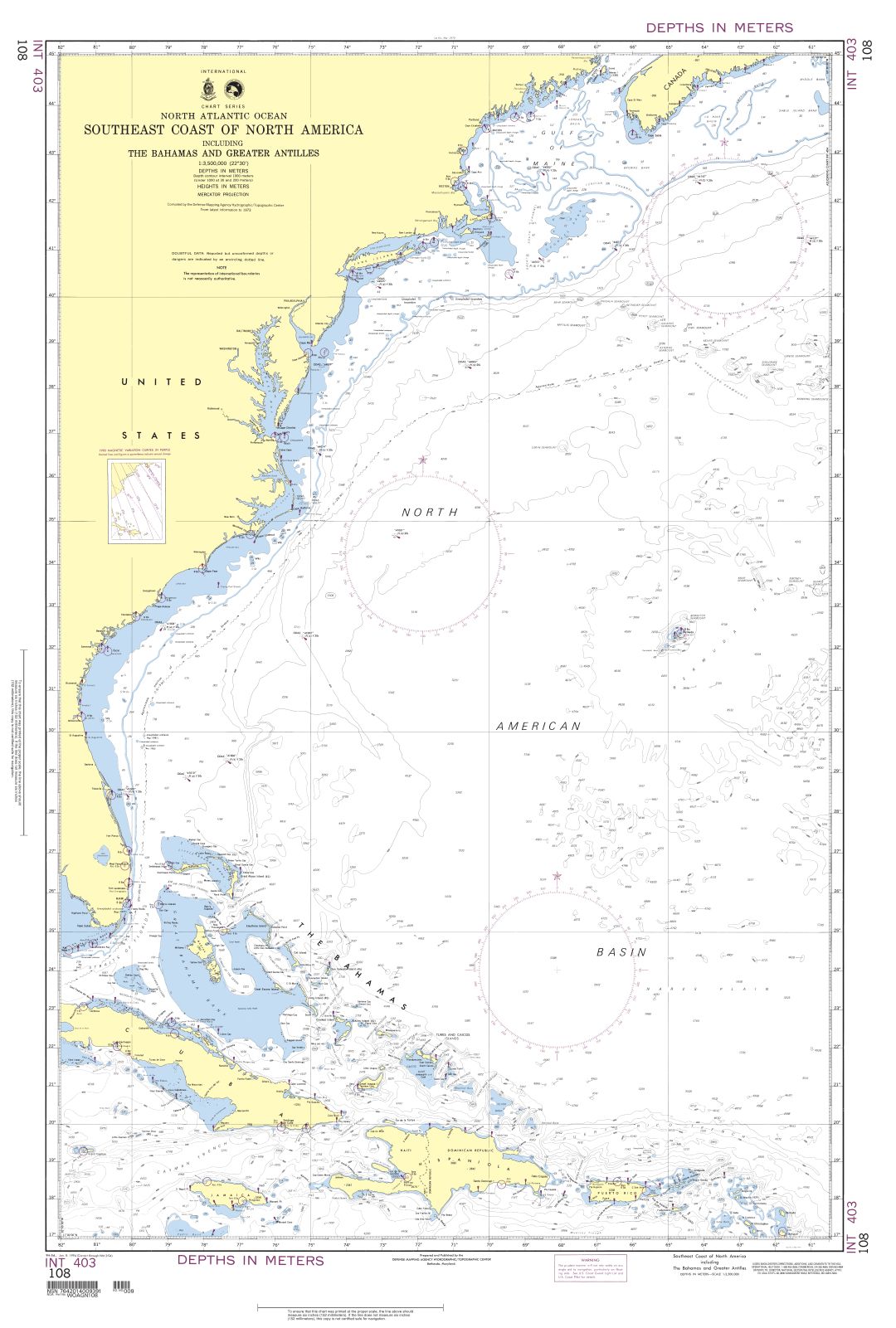 Southeast Coast of North America including the Bahamas and Greater Antilles | Carte NGA 108
