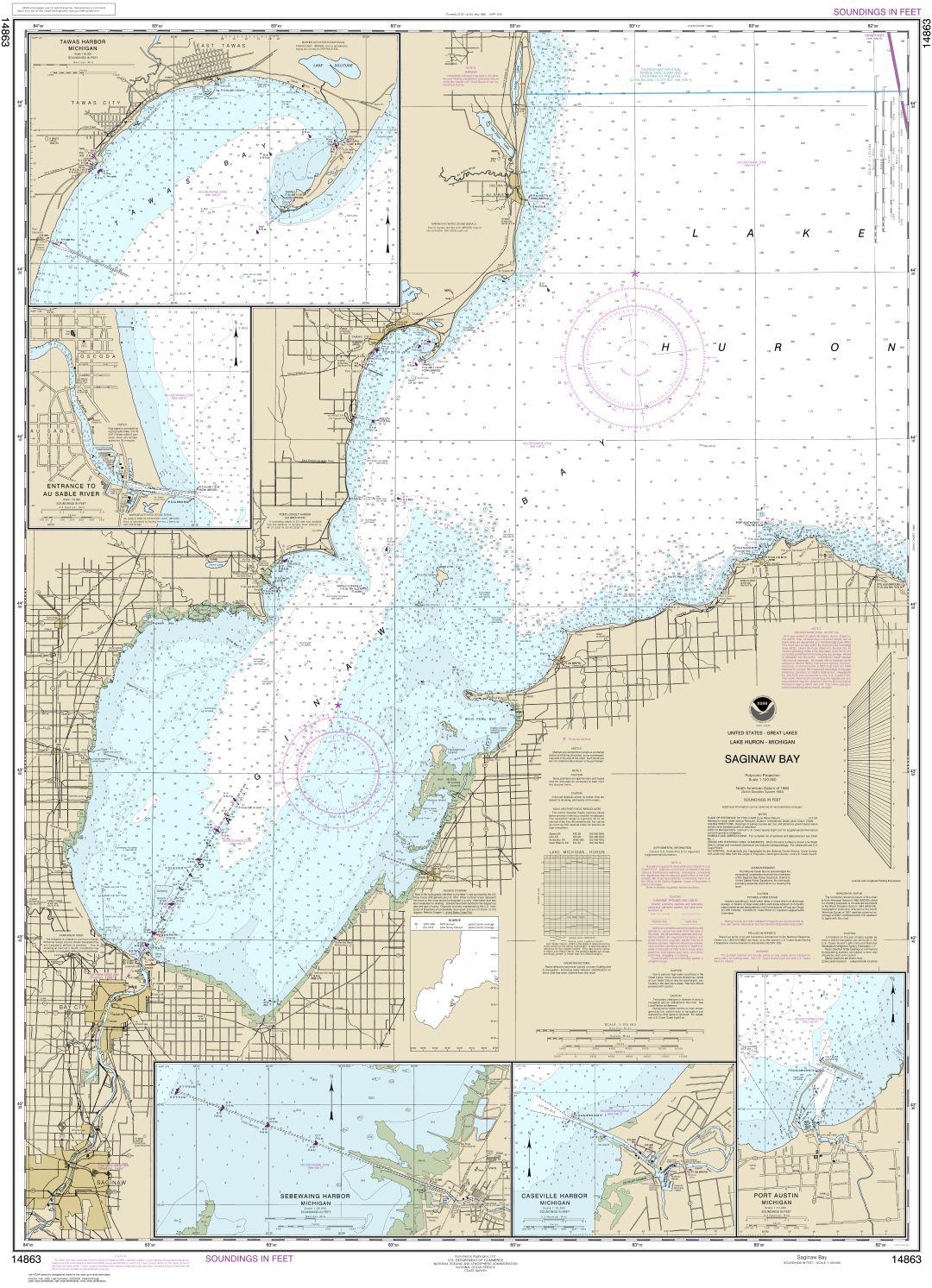 Saginaw Bay;Port Austin Harbor;Caseville Harbor;Entrance to Au Sable River;Sebewaing Harbor;Tawas Harbor | Carte NOAA 14863