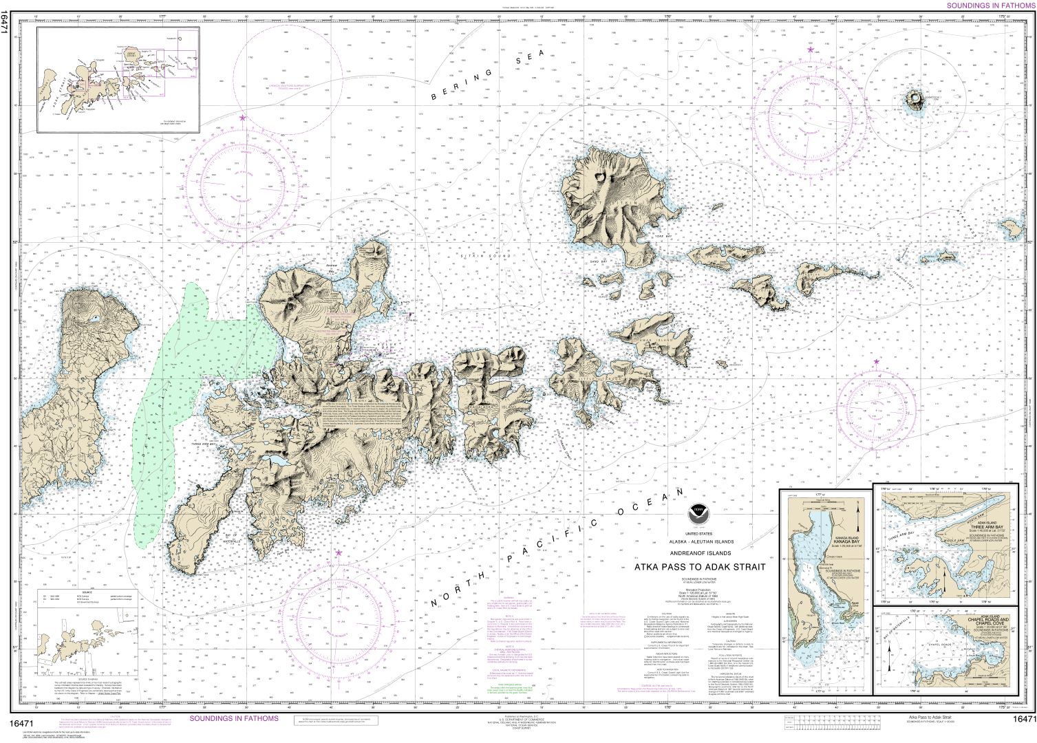 Atka Pass to Adak Strait;Three Arm Bay, Adak Island;Kanaga Bay, Kanaga Island;Chapel Roads and Chapel Cove, Adak Island | Carte NOAA 16471