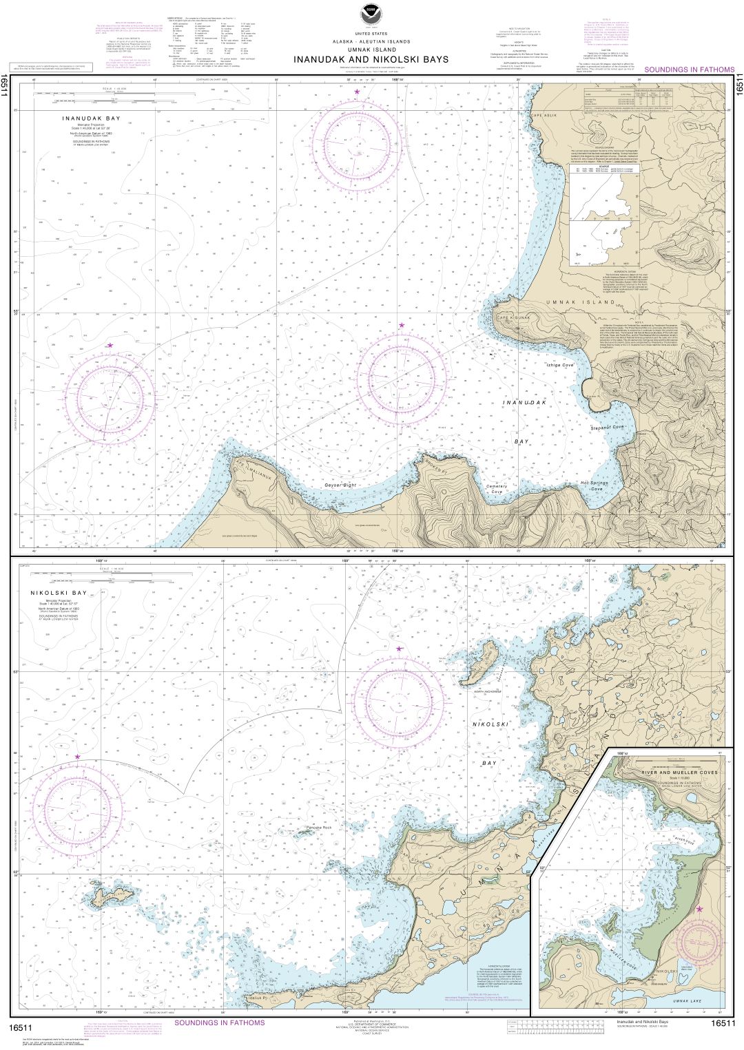 Inanudak Bay and Nikolski Bay, Umnak l.;River and Mueller Coves | NOAA Chart 16511