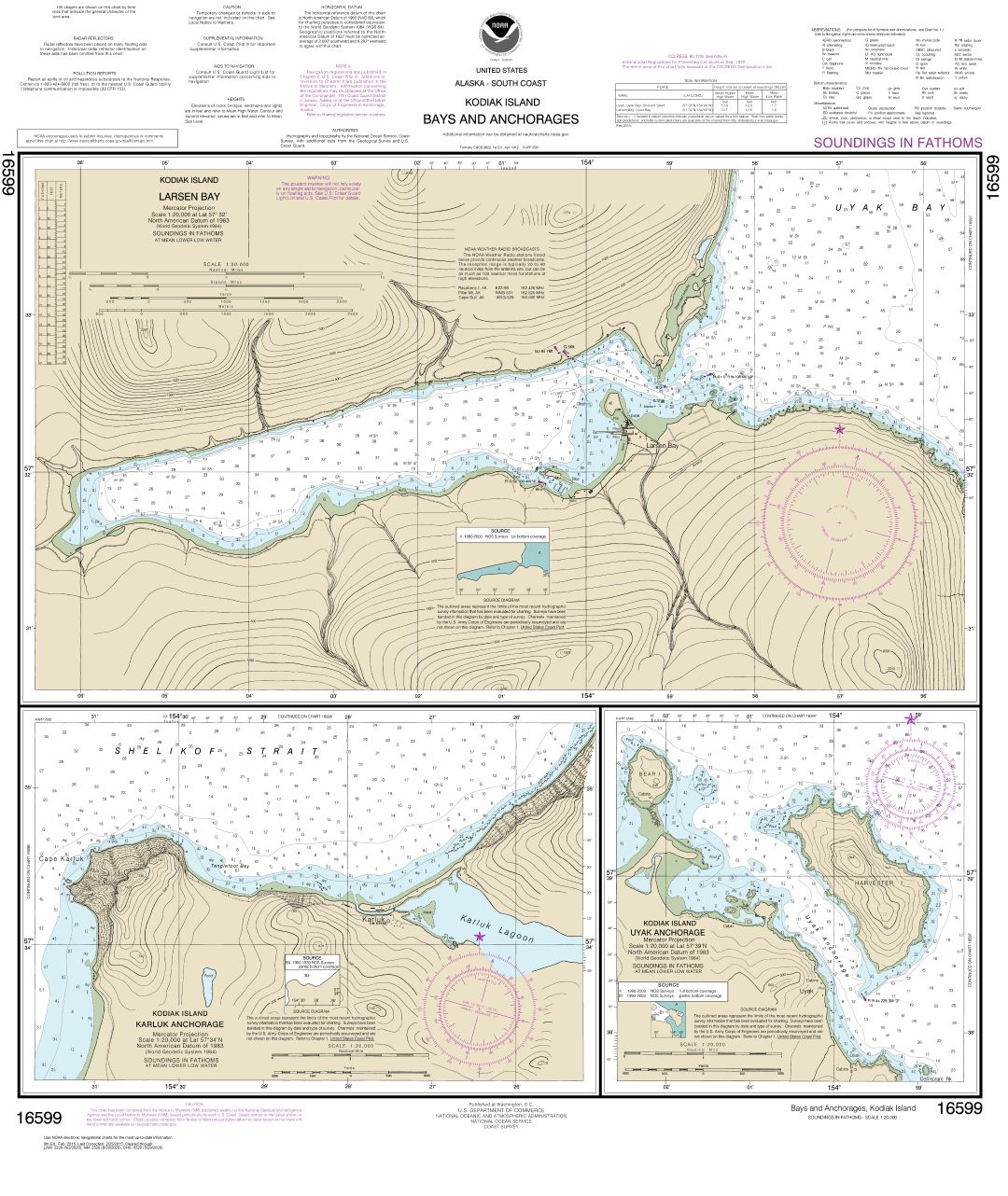 Bays and Anchorages, Kodiak Island Karluk Anchorage;Larsen Bay;Uyak Anchorage | NOAA Chart 16599