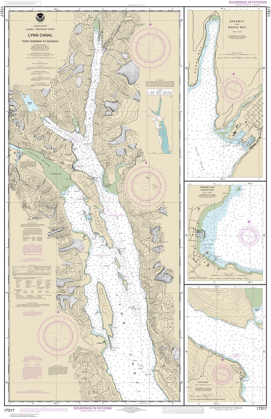 Lynn Canal-Point Sherman to Skagway;Lutak Inlet;Skagway and Nahku Bay;Portage Cove, Chilkoot Inlet | NOAA Chart 17317