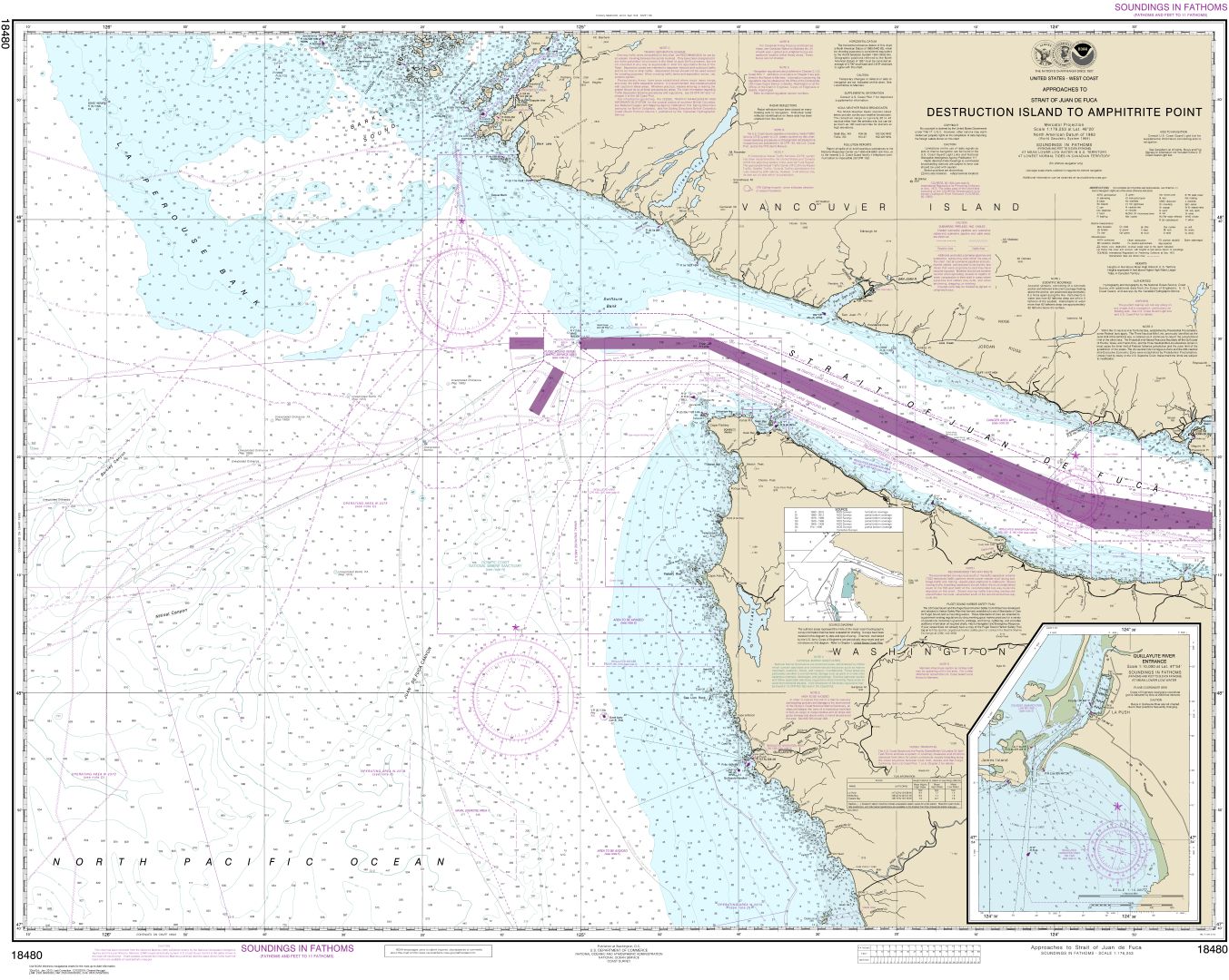 Approaches to Strait of Juan de Fuca Destruction lsland to Amphitrite Point | NOAA Chart 18480