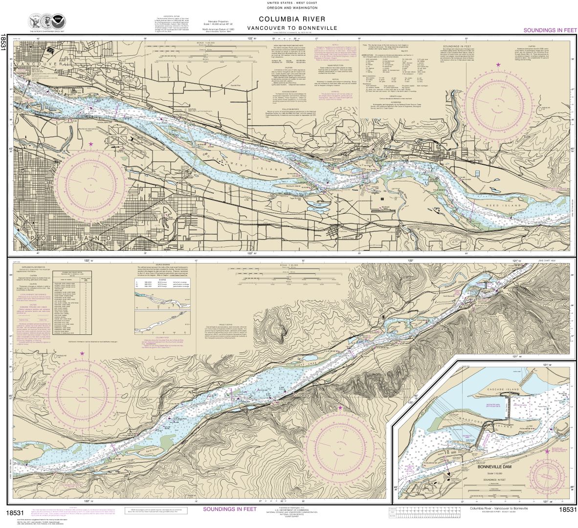 Columbia River Vancouver to Bonneville; Bonneville Dam | NOAA Chart 18531