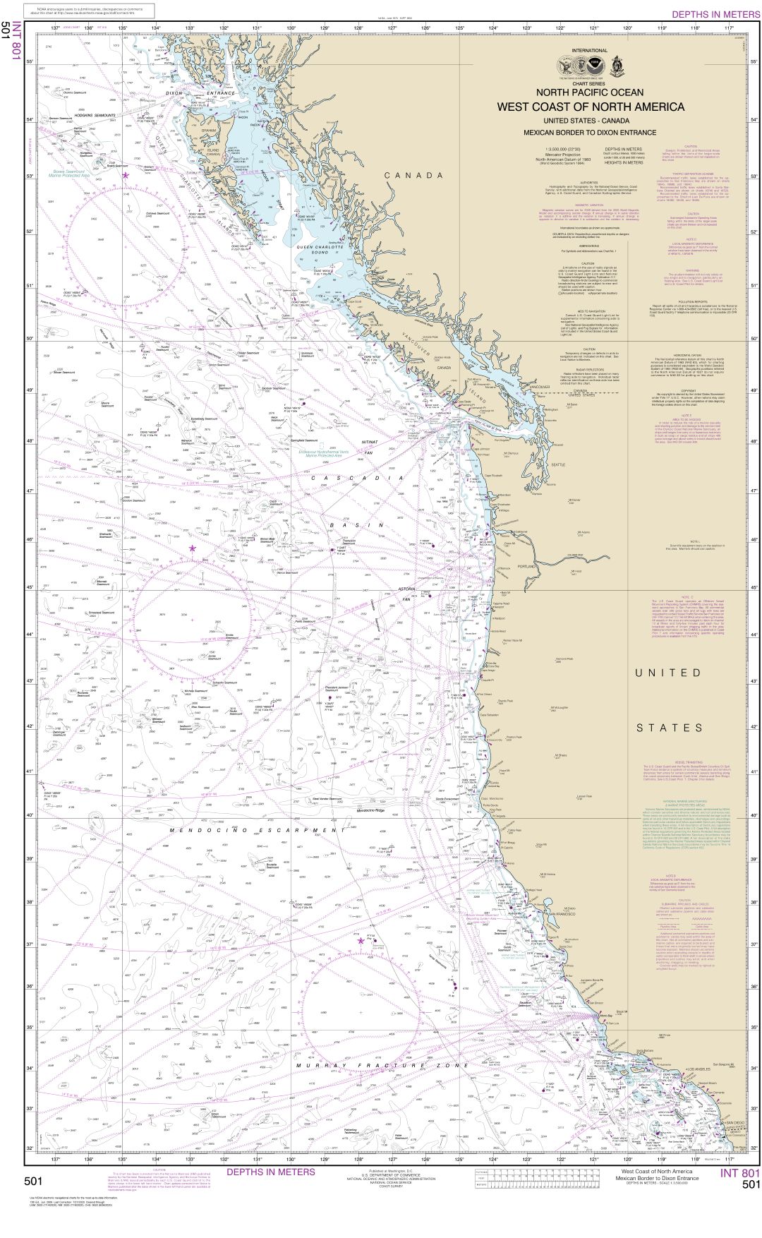North Pacific Ocean West Coast Of North America  Mexican Border To Dixon Entrance | Carte NOAA 501