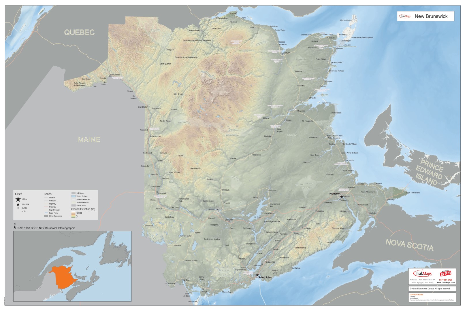 Carte murale topographique - Nouveau-Brunswick | Toile tendue