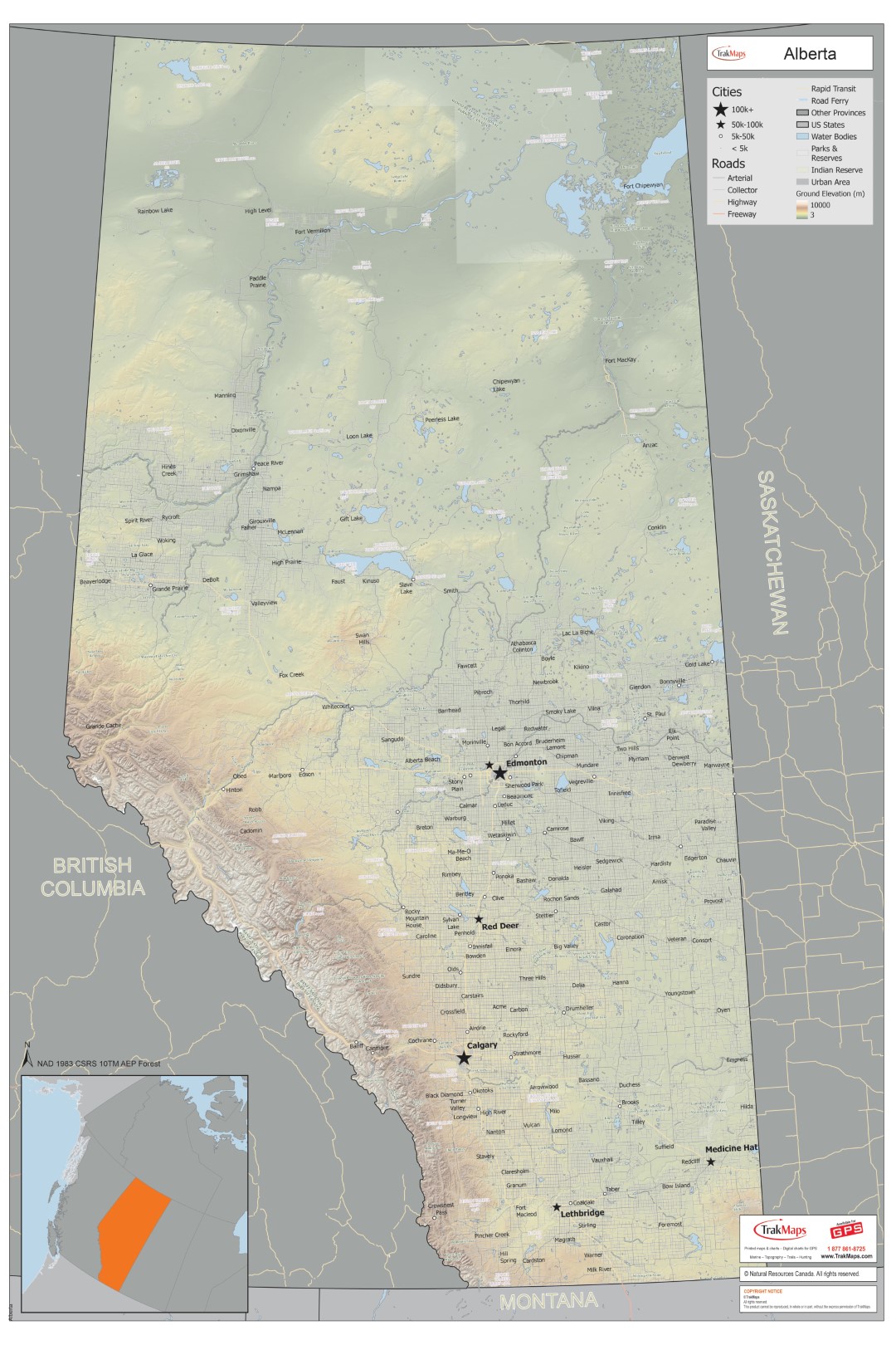 Carte murale topographique - Alberta