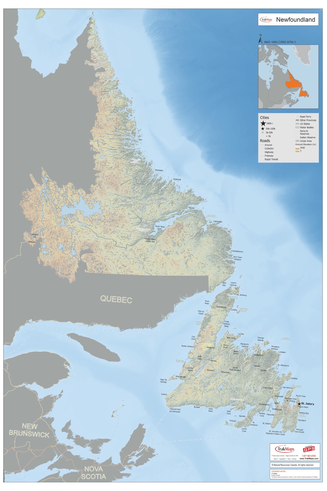 Topographic Wallmap - Newfoundland and Labrador
